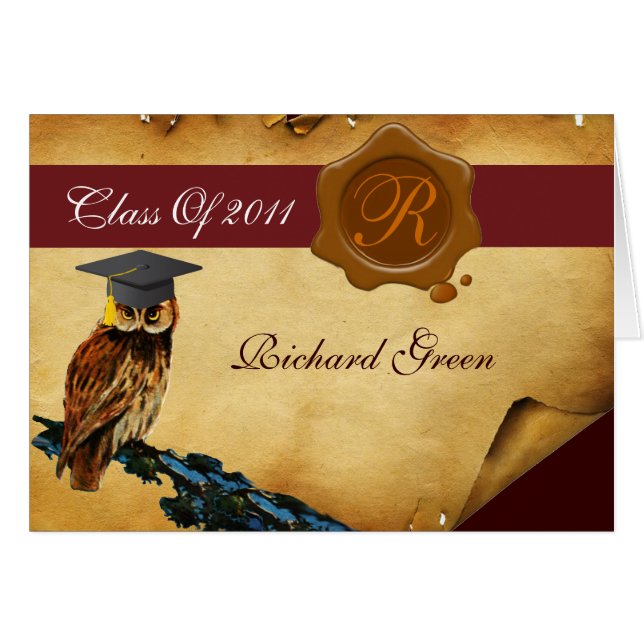 GRADUATION OWL PARCHMENT BROWN WAX SEAL MONOGRAM CARDS (Front Horizontal)