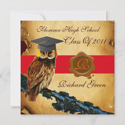 GRADUATION OWL PARCHMENT BROWN WAX SEAL MONOGRAM INVITATION