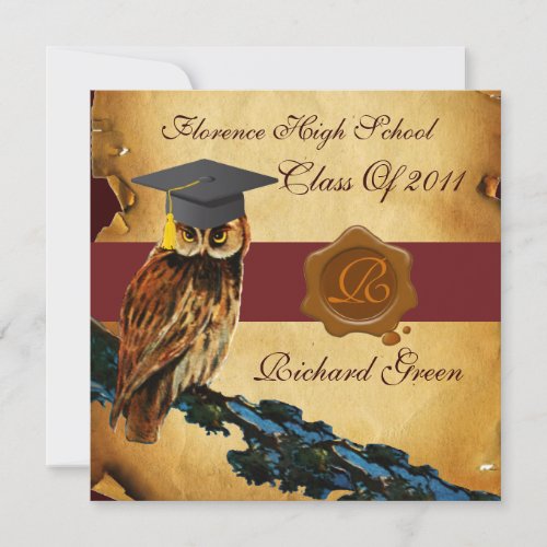 GRADUATION OWL PARCHMENT BROWN WAX SEAL MONOGRAM INVITATION