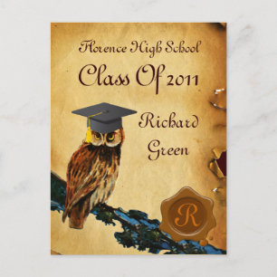 GRADUATION OWL PARCHMENT BROWN WAX SEAL MONOGRAM INVITATION POSTCARD