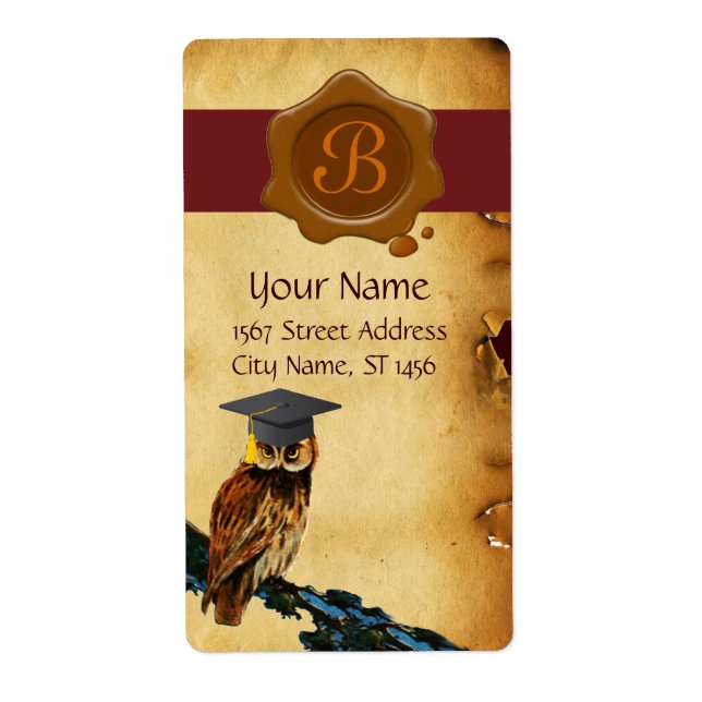 GRADUATION OWL PARCHMENT, BROWN  WAX SEAL MONOGRAM LABEL (Front)