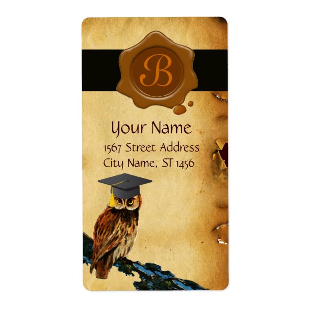 GRADUATION OWL PARCHMENT, BROWN  WAX SEAL MONOGRAM LABEL (Front)