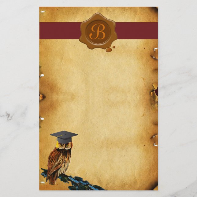 GRADUATION OWL PARCHMENT BROWN WAX SEAL MONOGRAM STATIONERY (Front)