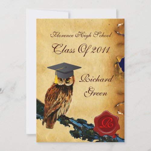 GRADUATION OWL PARCHMENT RED WAX SEAL MONOGRAM INVITATION