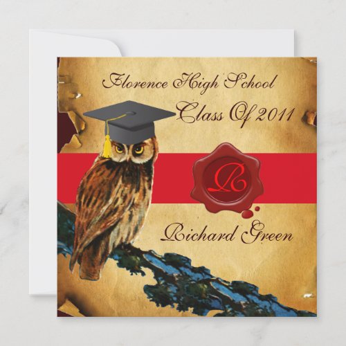 GRADUATION OWL PARCHMENT RED WAX SEAL MONOGRAM INVITATION