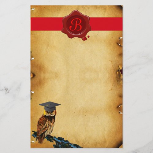 GRADUATION OWL PARCHMENT RED WAX SEAL MONOGRAM STATIONERY