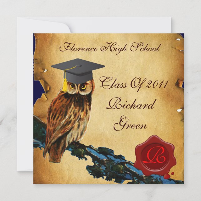 GRADUATION OWL PARCHMENT WAX SEAL MONOGRAM Felt Invitation (Front)