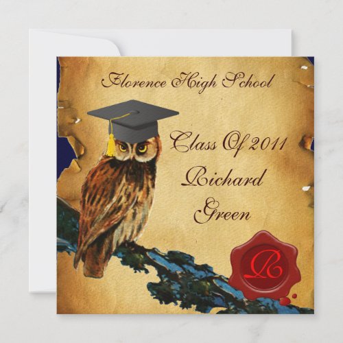 GRADUATION OWL PARCHMENT WAX SEAL MONOGRAM Felt Invitation