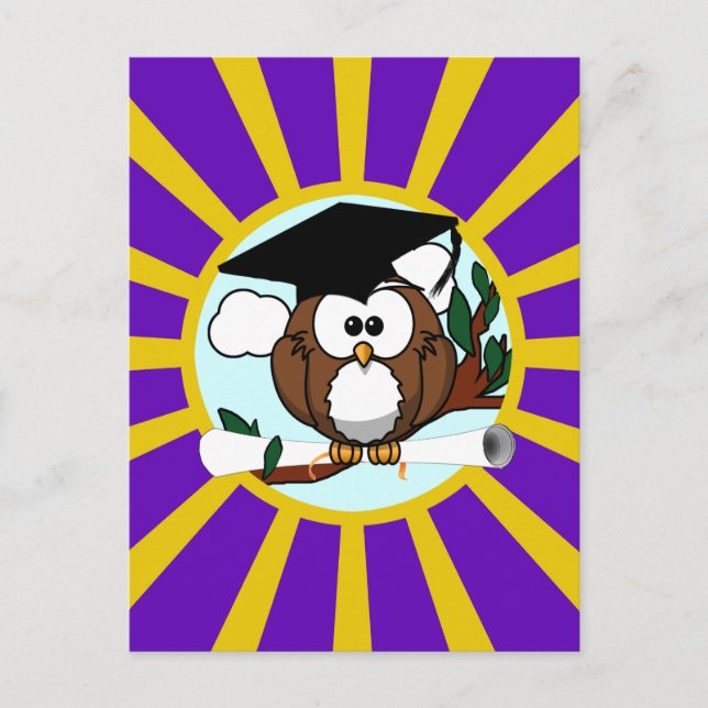 Graduation Owl Purple And Gold School Colors Announcement Postcard (Front)