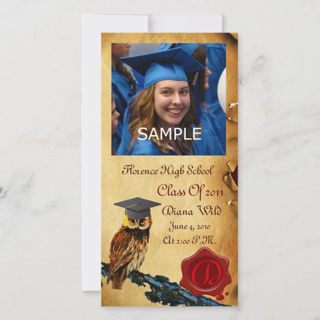 GRADUATION OWL RED BROWN WAX SEAL MONOGRAM ANNOUNCEMENT (Front)