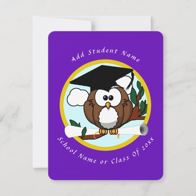 Graduation Owl w/ Cap & Diploma - Purple Announcement (Front)