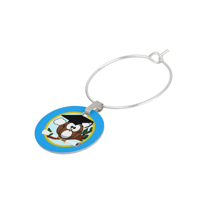 Graduation Owl With Cap & Diploma - Blue and Gold Wine Charm (Side)