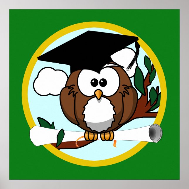 Graduation Owl With Cap & Diploma - Green and Gold Poster (Front)