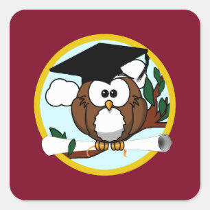 Graduation Owl With Cap & Diploma - Red and Gold Square Sticker