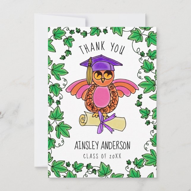 Graduation Owl with Ivy Thank You Card (Front)