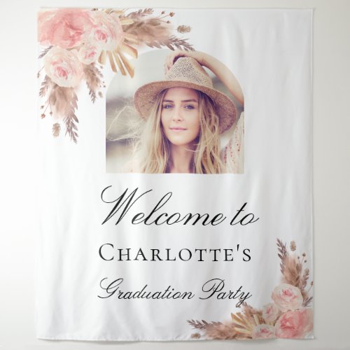 Graduation pampas grass blush pink arch photo tapestry