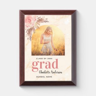 Graduation pampas grass photo blush marble award plaque