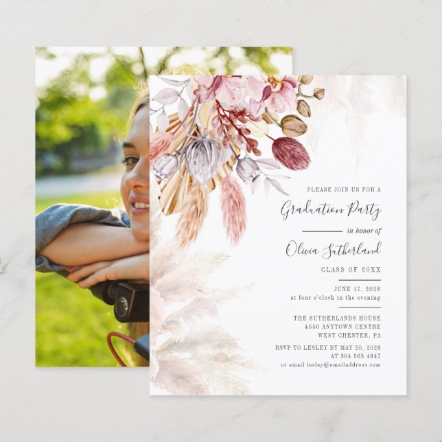 Graduation Pampas Grass Photo Party Invitation (Front/Back)