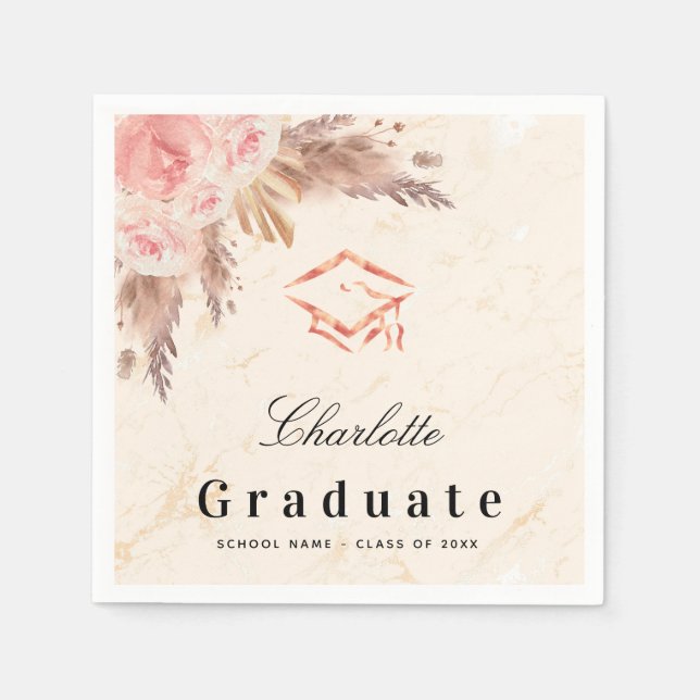 Graduation pampas grass rose gold blush floral cap napkins (Front)