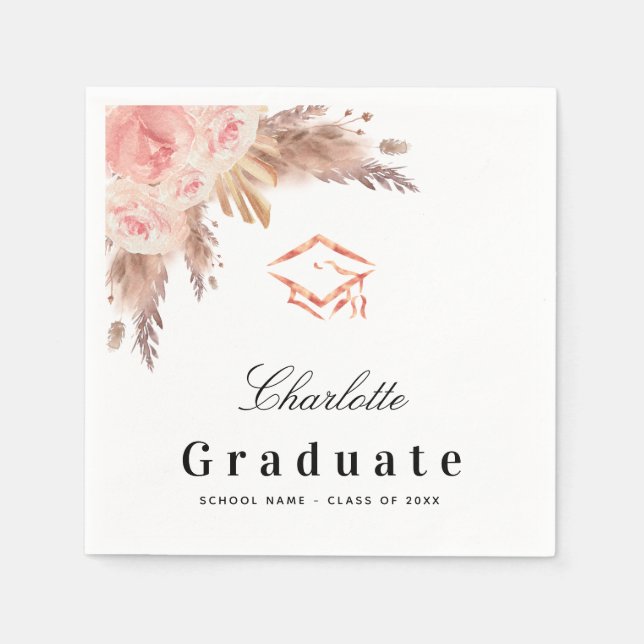 Graduation pampas grass rose gold blush floral cap napkins (Front)
