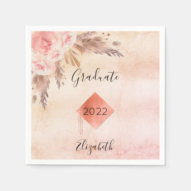 Graduation pampas grass rose gold blush floral napkins (Front)