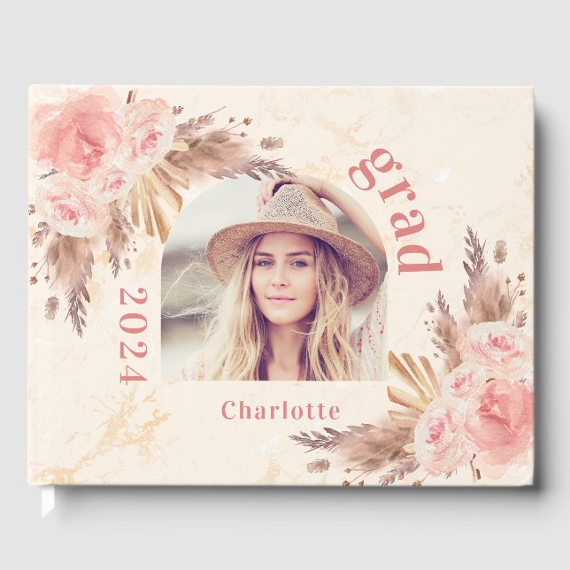 Graduation pampas grass rose gold florals 2025 guest book (Front)