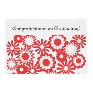Graduation, paper place mat, floral, red, white. placemat