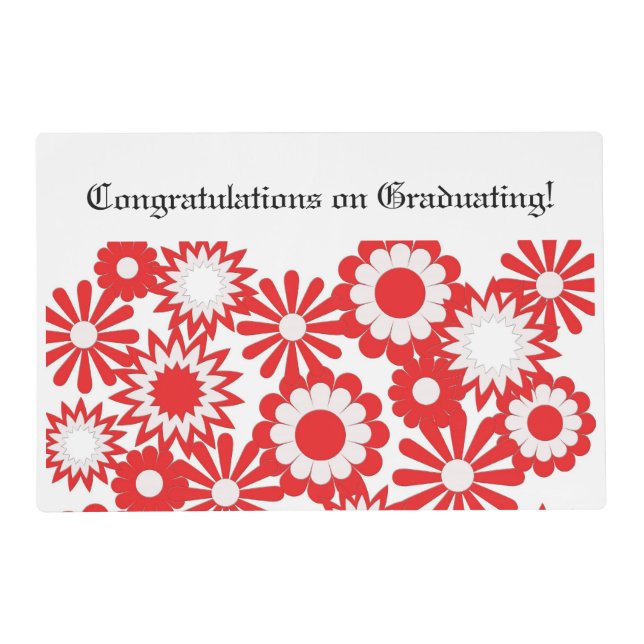 Graduation, paper place mat, floral, red, white. placemat (Front)
