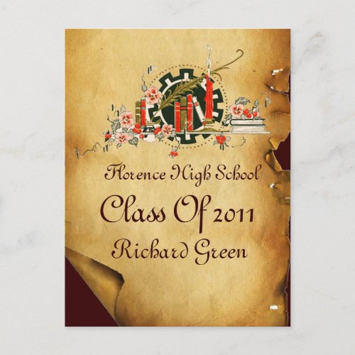 GRADUATION PARCHMENT AND RED WAX SEAL MONOGRAM INVITATION POSTCARD