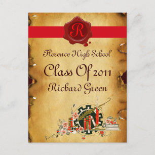 GRADUATION PARCHMENT AND RED WAX SEAL MONOGRAM INVITATION POSTCARD