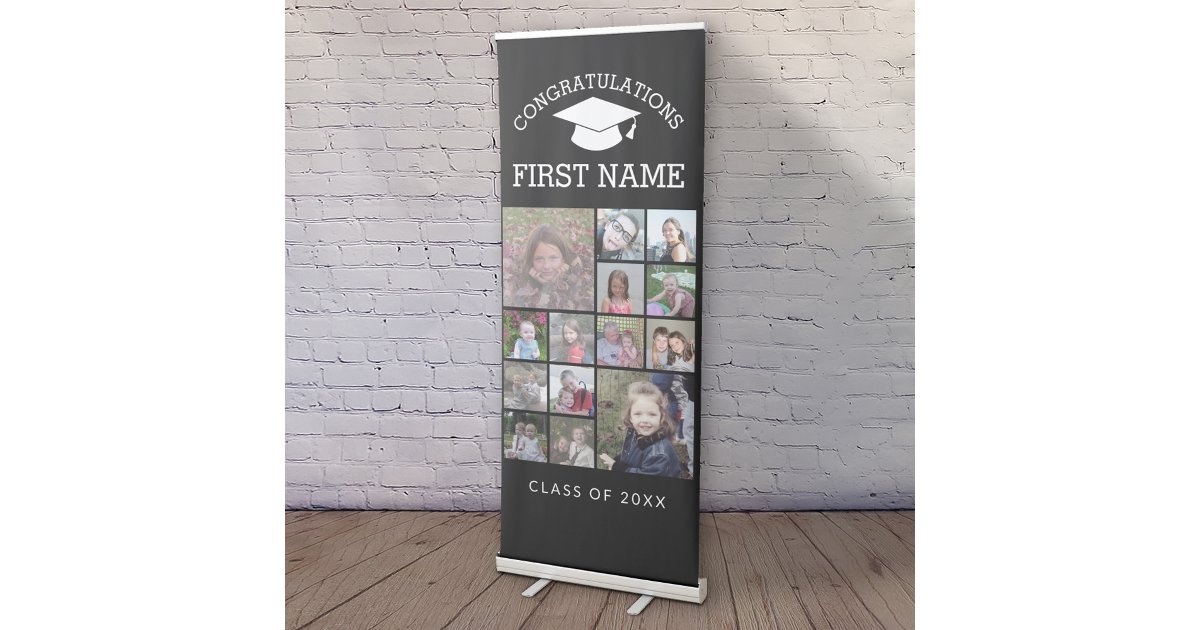 Graduation Party 14 Photo Collage - black Retractable Banner | Zazzle