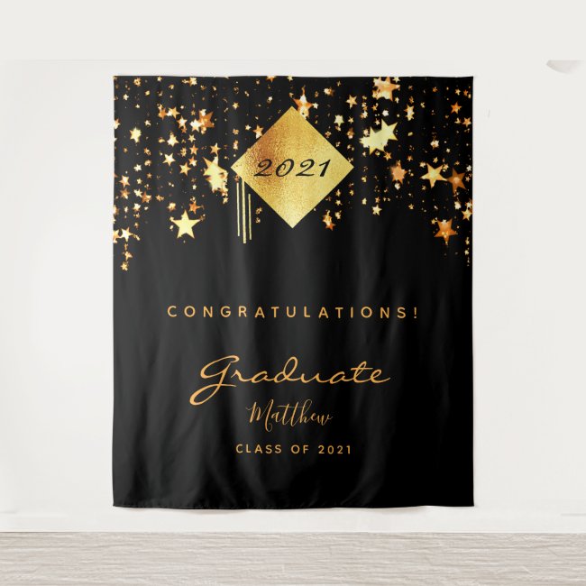 Graduation party 2021 black gold stars graduate tapestry