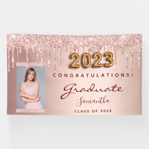 Graduation party 2021 photo rose gold glitter drip banner