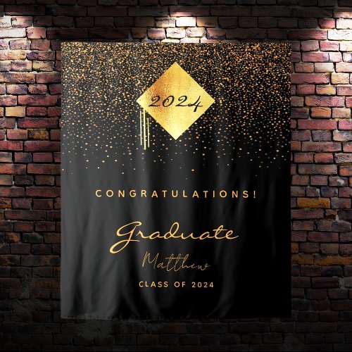 Graduation party 2024 black gold confetti graduate tapestry
