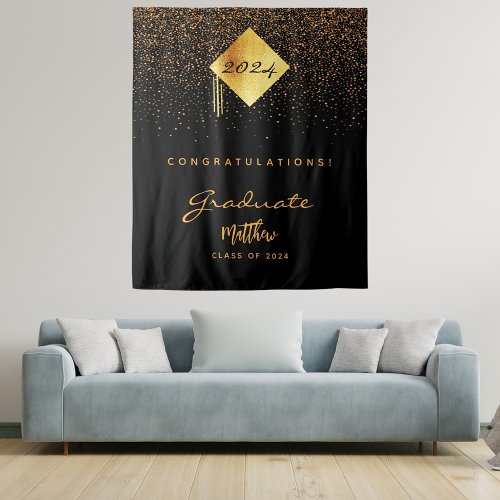 Graduation party 2024 black gold confetti graduate tapestry