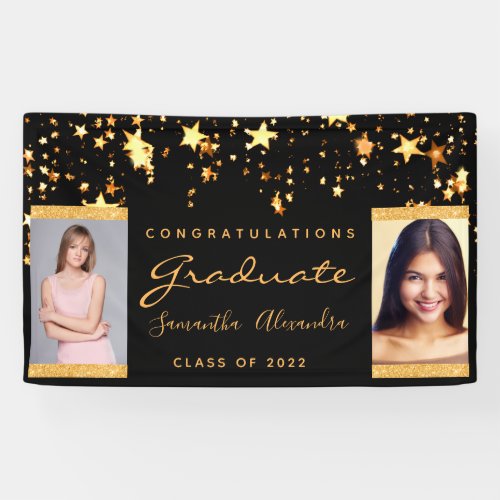 Graduation party 2024 black gold stars two photo banner