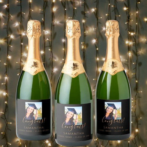 Graduation party 2024 photo black gold sparkling wine label