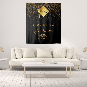 Graduation party 2025 black gold confetti graduate tapestry