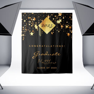 Graduation party 2025 black gold stars graduate tapestry