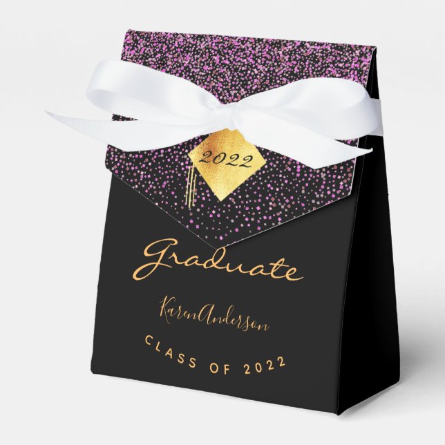 Graduation party 2025 graduate black gold purple favor boxes (Front Side)
