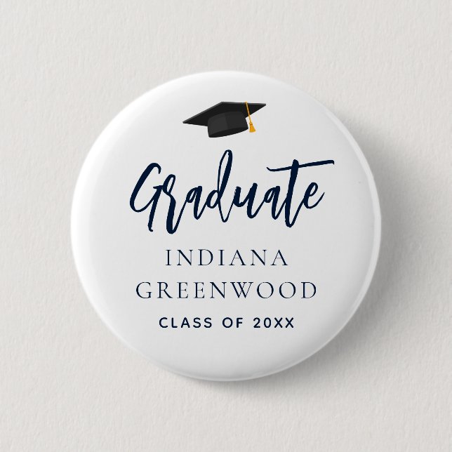 Graduation Party 2025 Script Navy Blue School Button (Front)