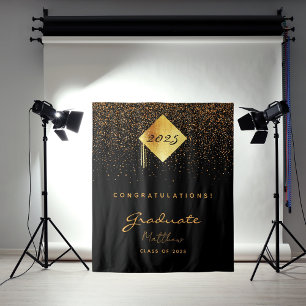 Graduation party 2026 black gold confetti graduate tapestry