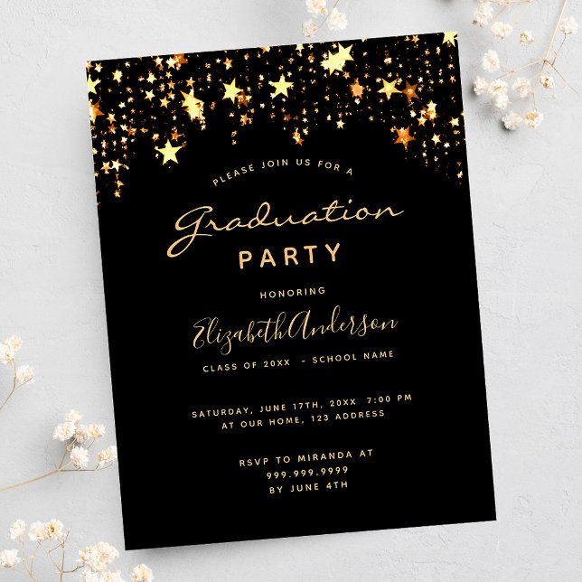 Graduation party 2026 black gold stars postcard (Creator Uploaded)