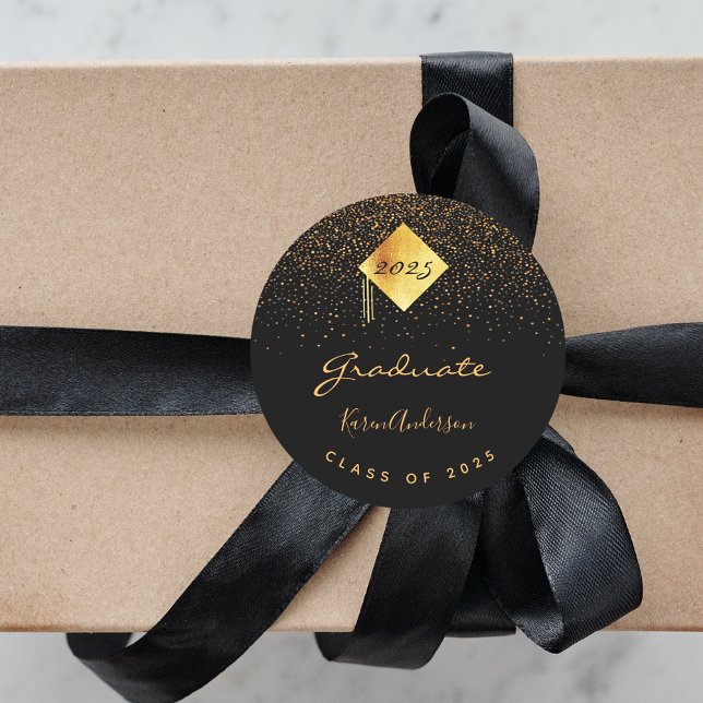 Graduation party 2026 graduate black gold cap classic round sticker (Creator Uploaded)