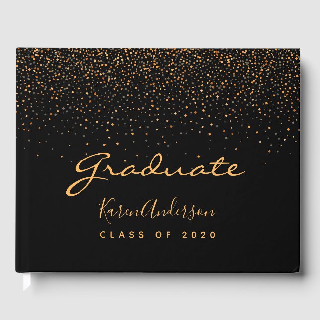 Graduation party 2026 graduate black gold confetti guest book (Front)