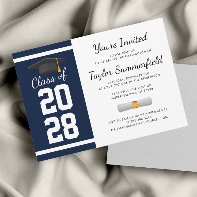Graduation Party 2026 Navy Blue White Graduate Invitation (Graduation 2024 Navy Blue Typography Script Party Invitation)
