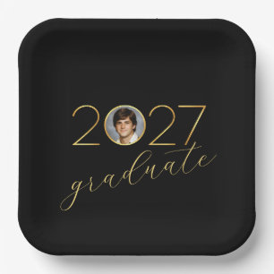 Graduation Party 2027 Photo Frame on Black Paper Plates