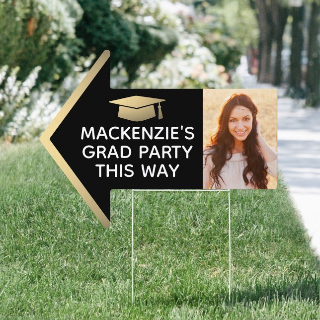 Graduation Party 2 Photo Arrow Black and Gold Yard Sign (Creator Uploaded)