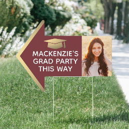 Graduation Party 2 Photo Arrow Burgundy Gold Yard Sign