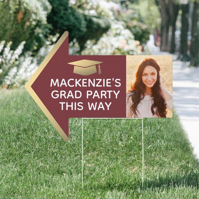 Graduation Party 2 Photo Arrow Burgundy Gold Yard Sign (Creator Uploaded)